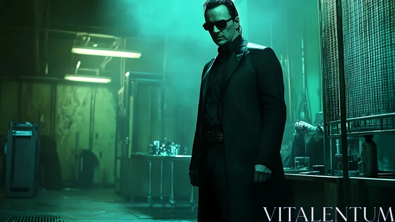 Neo-noir agent in teal-tinted industrial lab interior.