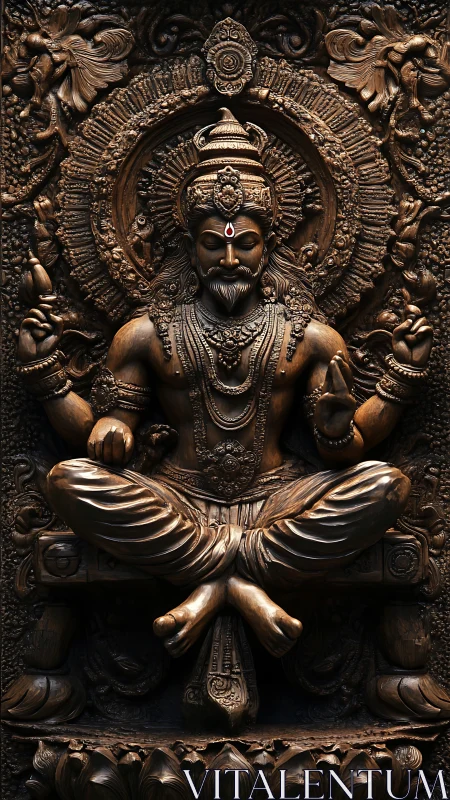 Bronze sage enthroned in ornate, meditative splendor.