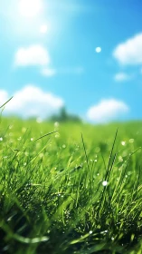 Sunlit morning grass sparkles softly under a bright blue sky