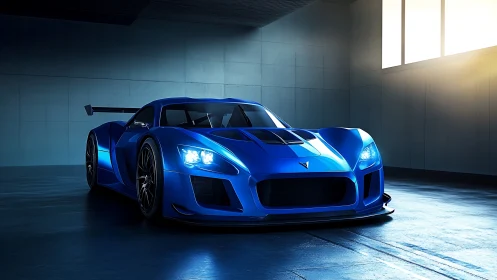Blue racing supercar rendered in a dimly lit industrial garage