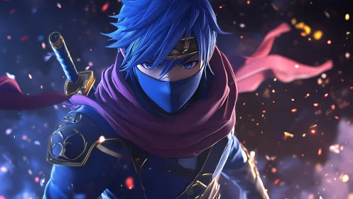 Masked blue-haired warrior dives through glowing embers.