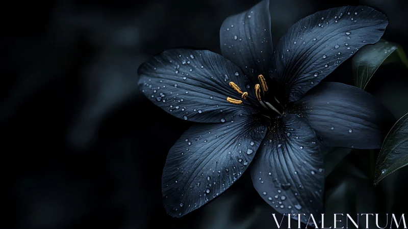 Midnight bloom with rain-kissed petals and golden stamens.
