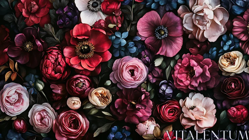 Dense Floral Composition with Varied Botanical Forms and Dark Background
