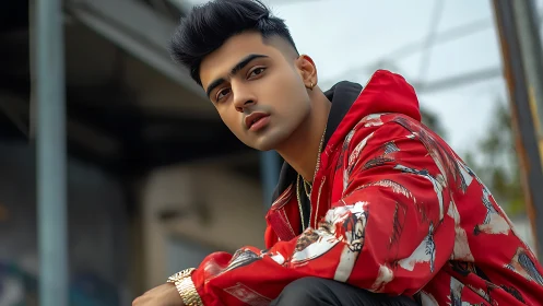 Crimson jacket kid pauses city rush with quiet confidence