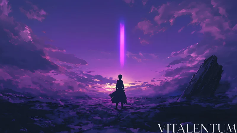 Silhouetted figure studies vertical light beam at twilight