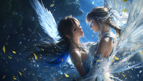 Twin angelic guardians share a luminous embrace in starlight
