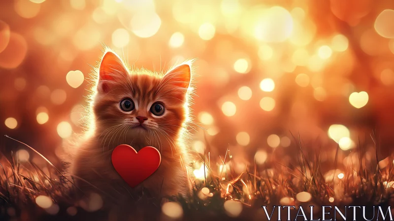 Digital feline with heart symbol rendered against warm bokeh background