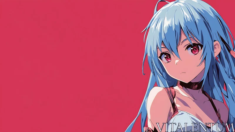 Blue haired anime girl gazes calmly over solid red field