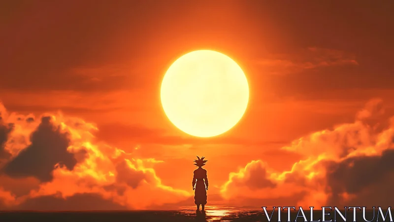 Glowing sunset sky welcomes a lone hero standing in silence