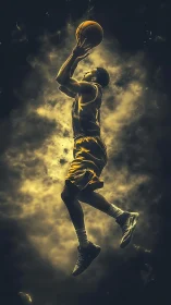 Dynamic basketball jump shot in cinematic golden lighting.