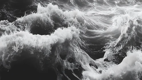 Monochrome storm waves carve high-contrast ocean surface.