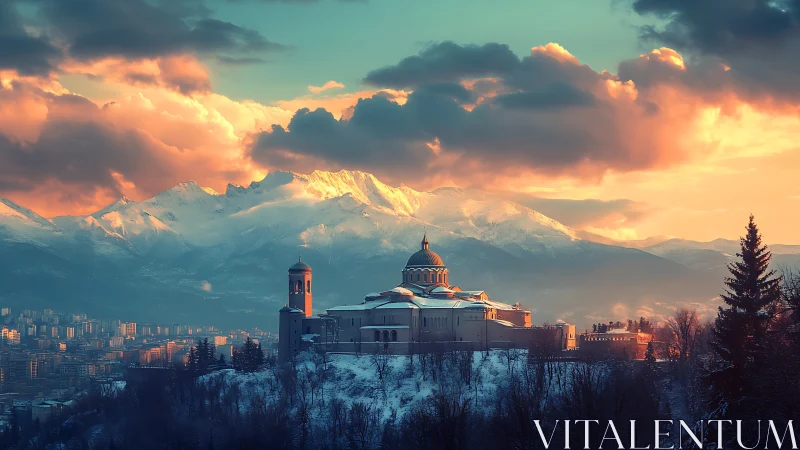 Snowy mountain city glows around a serene hilltop cathedral
