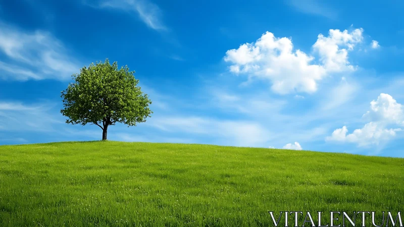 Lone tree on green hill under vibrant blue sky, tranquil landscape.