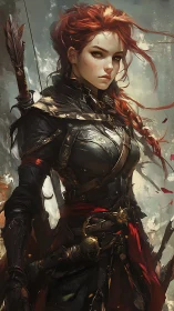 Red-haired armored ranger stands in stormlit battlefield.