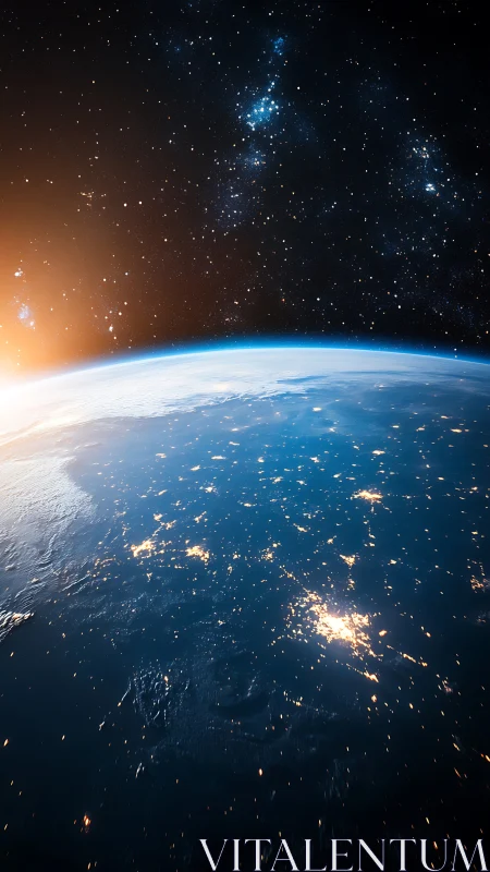 Sunrise over Earth from orbit captures luminous city lights