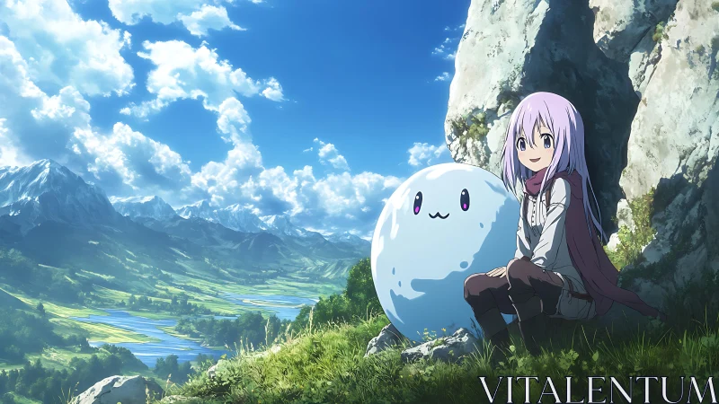 Pastel-haired traveler with glossy slime in alpine meadow.