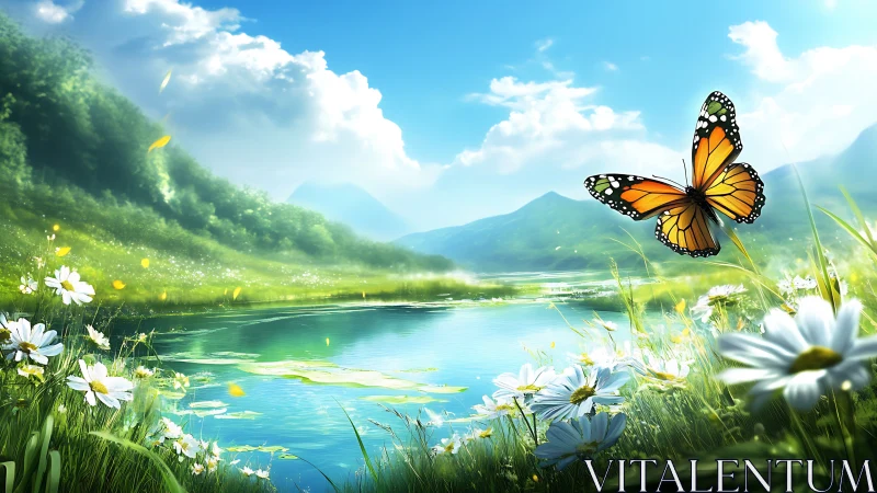 Monarch butterfly over bright wildflower lakeside meadow.