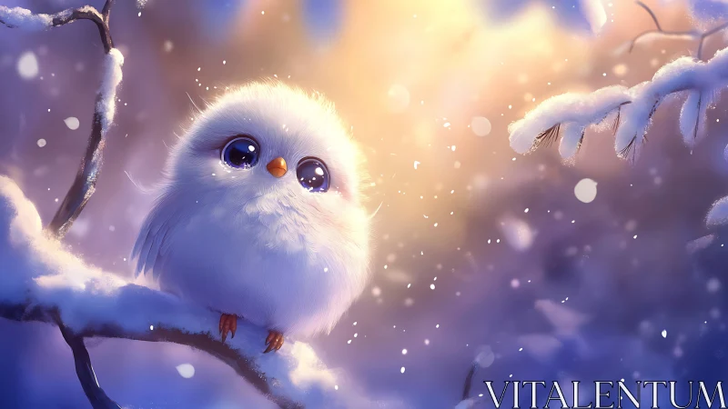 Cute White Fluffy Bird on Snowy Branch in Dreamy Winter Art.