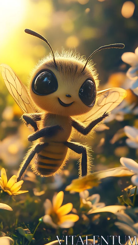Cartoon bee hovers above flowers in backlit garden scene