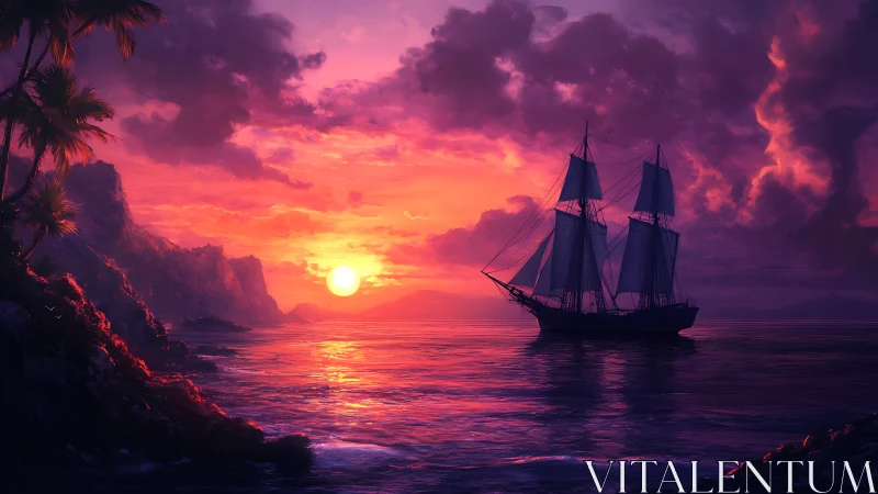 Sunset tall ship silhouette on vivid tropical horizon seascape.