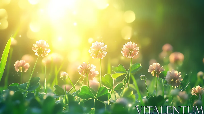 Backlit clover flowers in low meadow under strong sunlight.