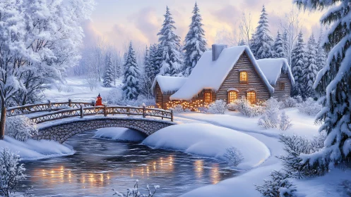 Illuminated log cabin and stone bridge in reflective snowfield.