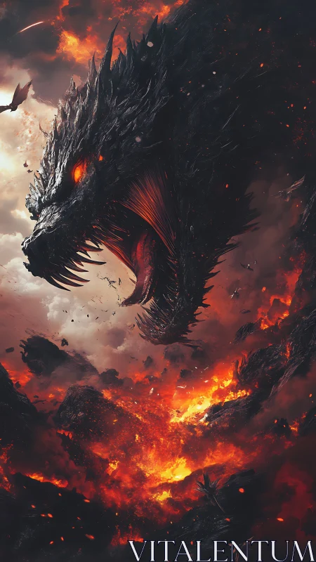 Digital painting of infernal dragon amid erupting lava clouds.