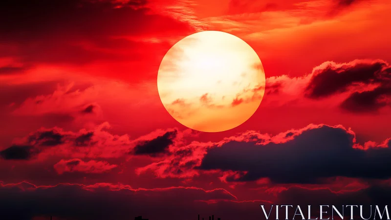 Large sun over red sky with dark layered cloud bands.