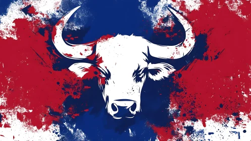 Bull head silhouette on red and blue paint splatter background.