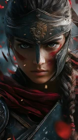 Armored female warrior portrait shows frontal close-up view
