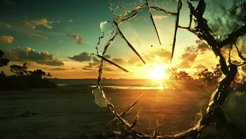 Sunset portal shattering open over a quiet golden shore.