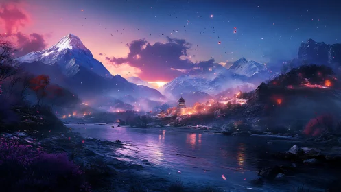 Twilight mountain temple over luminous river valley skyline.