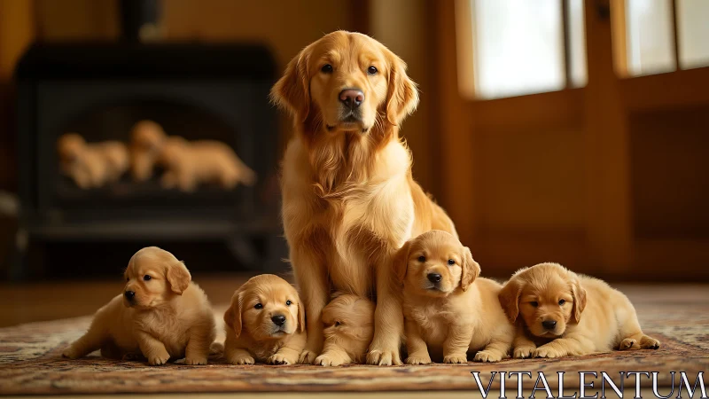 Photorealistic golden retriever family in warm interior portrait.