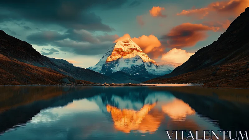 Snow peak mountain mirrored in still lake at sunset.