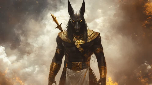 Regal jackal-headed warrior strides through swirling fire and smoke