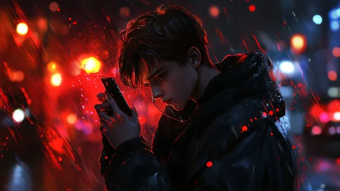 Rain-soaked night thoughts under neon city glow.