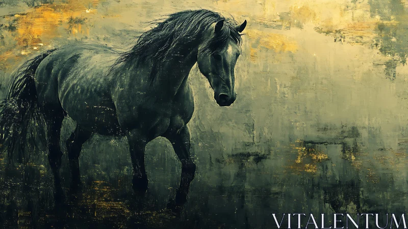 Dark stallion strides through abstract golden misted field