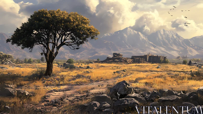 Solitary tree in golden savanna before rugged mountains.