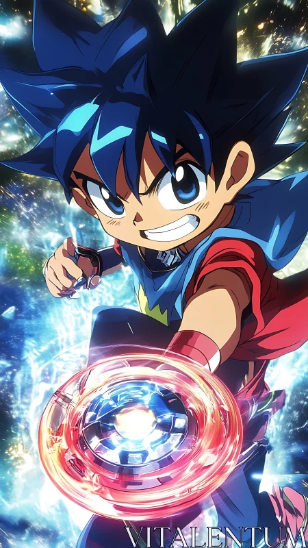 Spiky haired boy launching glowing spinning battle top.