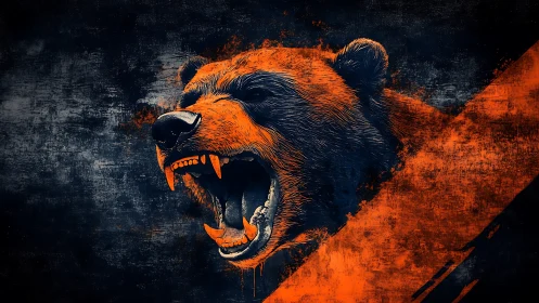 Roaring bear head erupts through bold orange brushstroke.