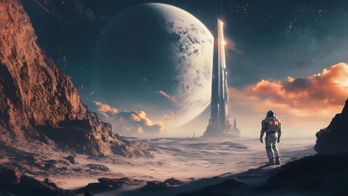 Lone astronaut approaches luminous monolith on alien moon.