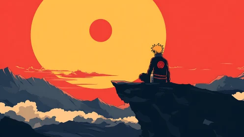 Sunset reflection with a lone ninja over quiet mountains.
