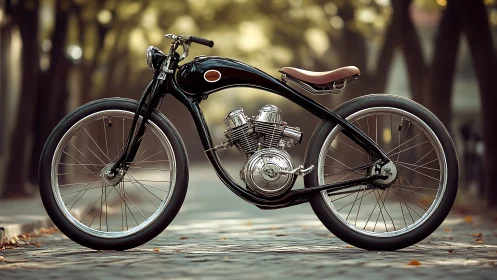Custom motorized bicycle with vintage frame on city street.
