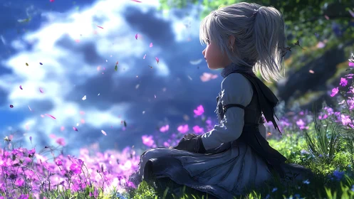 Childlike elf rests in sunlit meadow of drifting petals