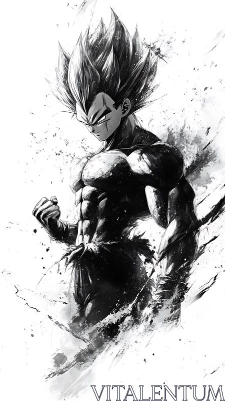 Monochrome anime warrior rendered in dynamic ink splatter