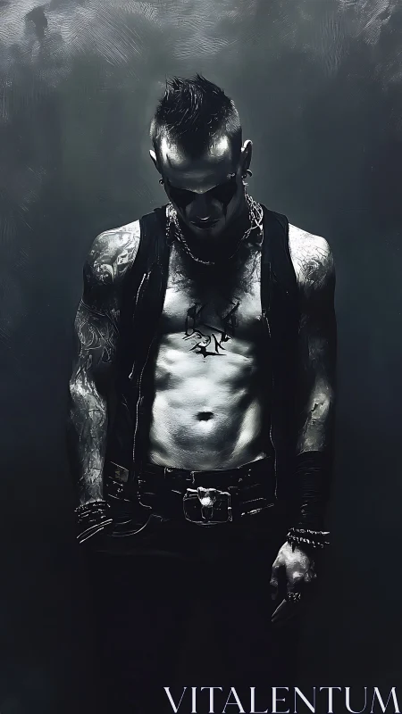 Brooding tattooed punk stands in stark cinematic shadow