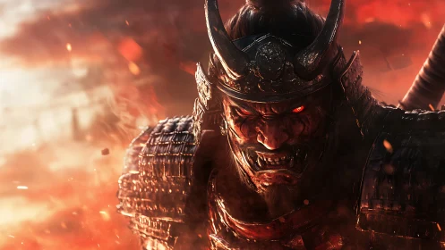 Demonic samurai warrior in flaming battlefield close-up render
