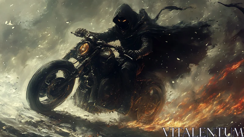 Hooded fire-rider tears through storm-lit, smoldering night