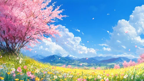 Spring valley panorama with cherry blossoms and wildflowers.