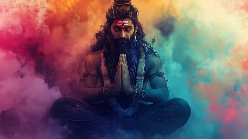 Mystic yogi meditating within vibrant cosmic clouds.